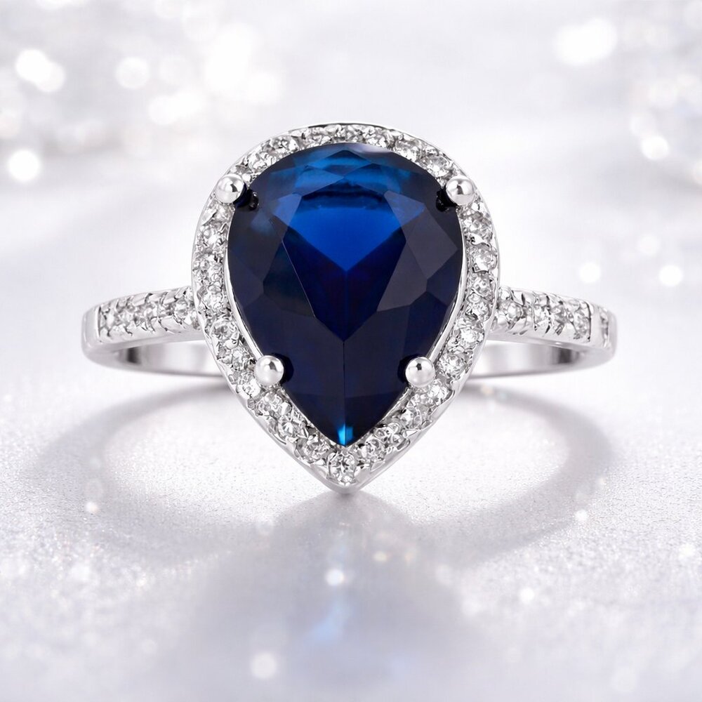 Blue Sapphire Pear Halo Cocktail Ring Rhodium Plated Statement Ring NWT